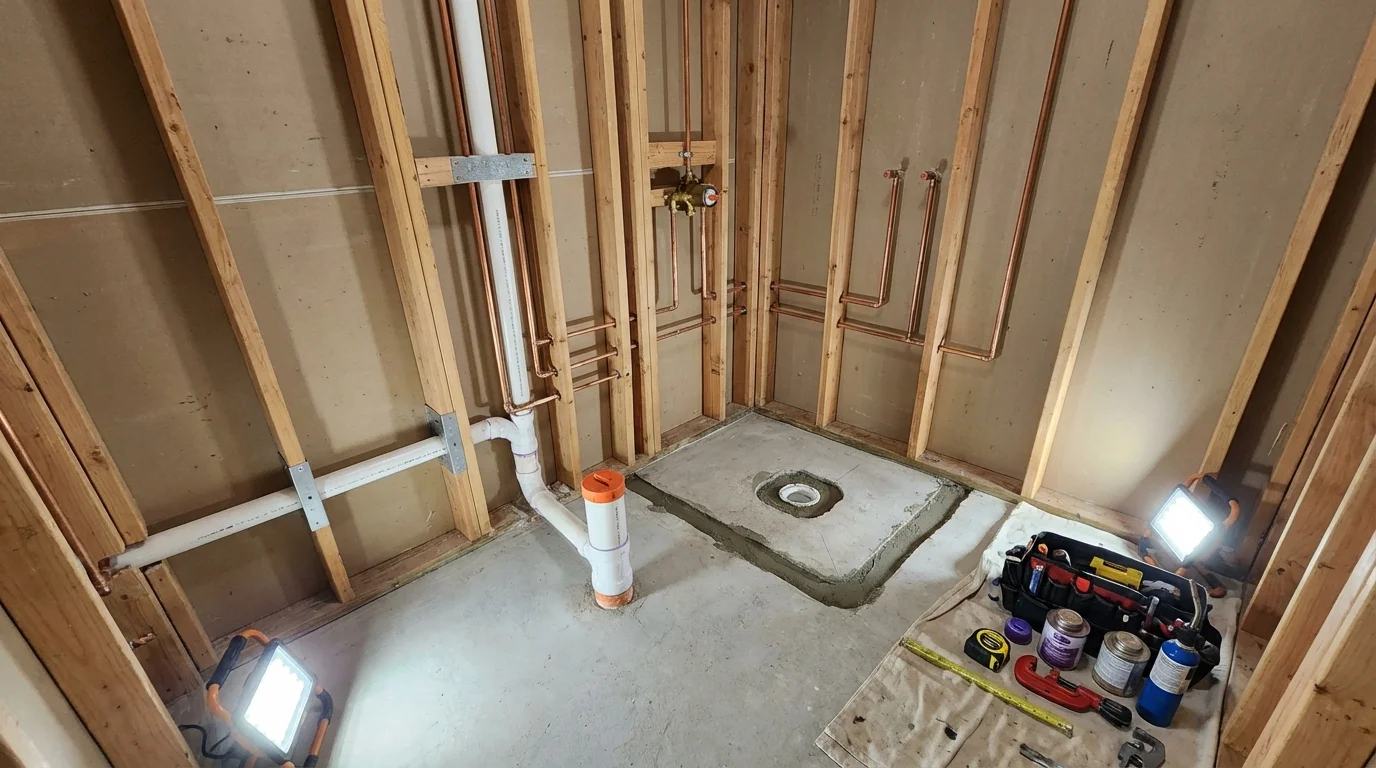 Bathroom rough-in plumbing during remodel by Johns Plumbing LLC in Glenpool