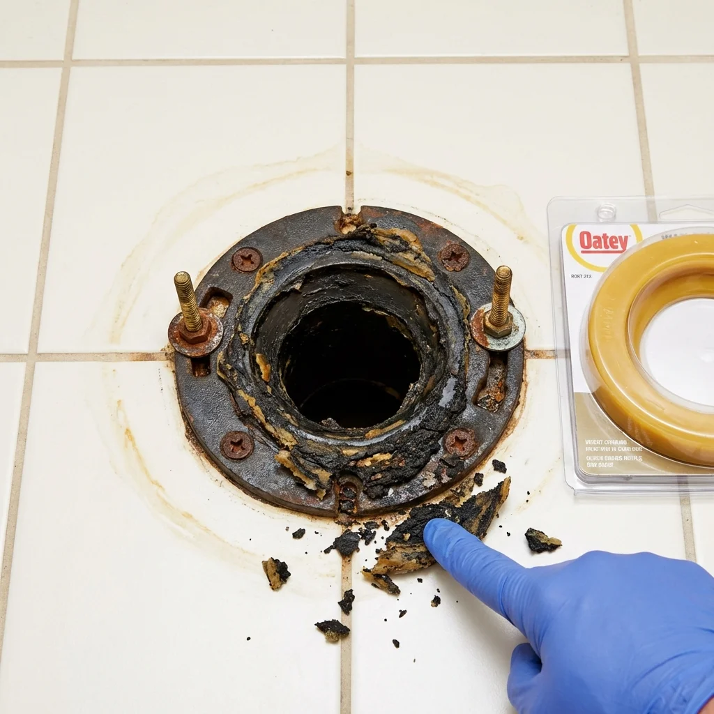 Failed wax ring showing water seepage at the base of a toilet in a Glenpool, OK home