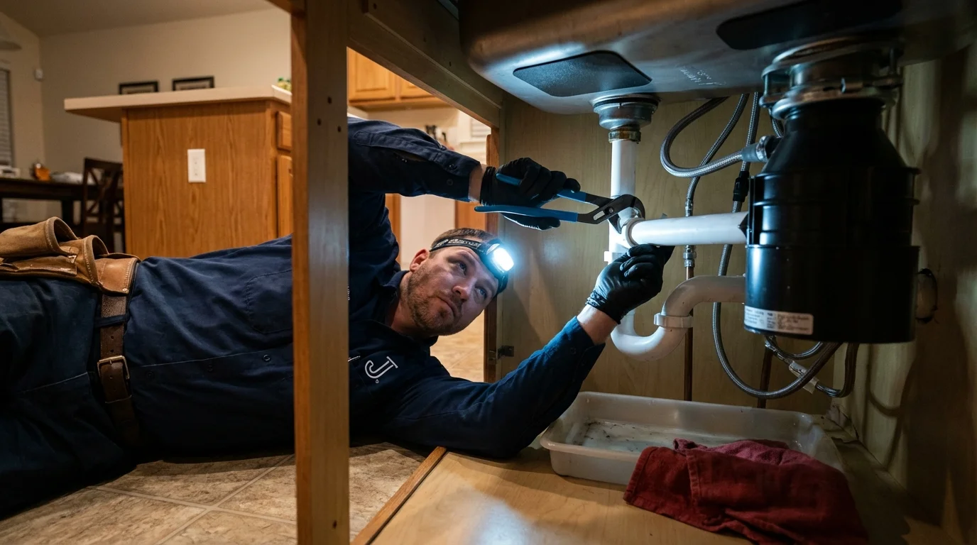 P-trap and supply line connections under a kitchen sink showing a common leak point in Glenpool, OK